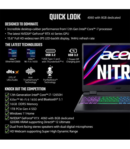 Acer Nitro 5 Gaming Laptop | Intel 12th Gen i7-12650H | NVIDIA GeForce RTX 4060 Laptop GPU | 15.6 FHD 144Hz IPS Display | 16GB DDR5 | 1TB Gen 4 SSD | Killer Wi-Fi 6 | RGB Backlit KB | AN515-58-781P 