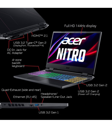 Acer Nitro 5 Gaming Laptop | Intel 12th Gen i7-12650H | NVIDIA GeForce RTX 4060 Laptop GPU | 15.6 FHD 144Hz IPS Display | 16GB DDR5 | 1TB Gen 4 SSD | Killer Wi-Fi 6 | RGB Backlit KB | AN515-58-781P 